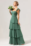 Eukalyptus A-linje Off The Shoulder Flæsede Chiffon Lang brudepigekjole