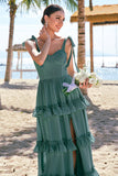 Eukalyptus A-linje butterfly stropper korset chiffon lang brudepige kjole med slids