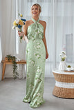 Navy Bloom Skede halterneck hals Satin lang brudepigekjole