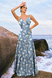 Navy Bloom A-linje Spaghetti stropper Rygløs Print Satin Lang brudepigekjole