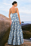 Navy Bloom A-linje Spaghetti stropper Rygløs Print Satin Lang brudepigekjole