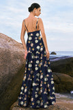 Navy Bloom A-linje Spaghetti stropper Rygløs Print Satin Lang brudepigekjole