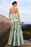Navy Bloom A-linje Spaghetti stropper Rygløs Print Satin Lang brudepigekjole