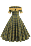 Off The Shoulder Green Grid Vintage 1950'er Kjole