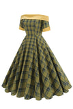 Off The Shoulder Green Grid Vintage 1950'er Kjole