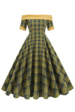 Off The Shoulder Green Grid Vintage 1950'er Kjole