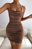 Brun rynket Bodycon Mini Festkjole