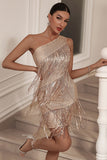 Sparkly Champagne One Shoulder Stram Kort Festkjole med Kvaster