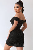 Sort Sparkly Off The Shoulder Beading Bodycon Kort Cocktail Kjole