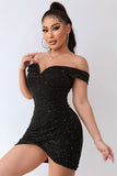 Sort Sparkly Off The Shoulder Beading Bodycon Kort Cocktail Kjole