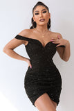 Sort Sparkly Off The Shoulder Beading Bodycon Kort Cocktail Kjole