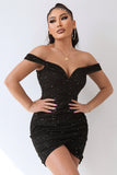 Sort Sparkly Off The Shoulder Beading Bodycon Kort Cocktail Kjole