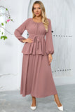 Dusty Rose A-linje Tiered Chiffon Lang Festkjole med Lange Ærmer