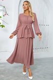 Dusty Rose A-linje Tiered Chiffon Lang Festkjole med Lange Ærmer