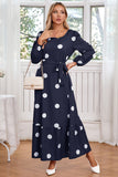 Navy Scoop Neck Polka Dots Lang Cocktail Kjole med Skærf