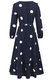 Navy Scoop Neck Polka Dots Lang Cocktail Kjole med Skærf