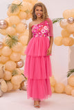 Fuchsia One Shoulder A Line Tiered Tyl Lang Gallakjole