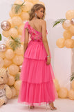 Fuchsia One Shoulder A Line Tiered Tyl Lang Gallakjole