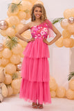 Fuchsia One Shoulder A Line Tiered Tyl Lang Gallakjole