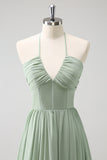 Dusty Sage Halter Ruffled brudepige kjole med slids