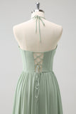 Dusty Sage Halter Ruffled brudepige kjole med slids