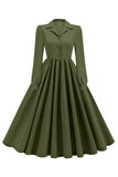 Army Green Notched Revers plisseret 1950'er kjole med lange ærmer