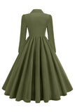 Army Green Notched Revers plisseret 1950'er kjole med lange ærmer