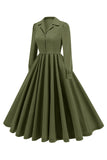 Army Green Notched Revers plisseret 1950'er kjole med lange ærmer