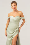 Sage havfrue Off The Shoulder plisseret satin brudepigekjole med slids