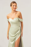 Sage havfrue Off The Shoulder plisseret satin brudepigekjole med slids