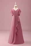 Desert Rose Chiffon Batwing Ærmer A Line Ruffled Junior Brudepigekjole