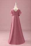 Desert Rose Chiffon Batwing Ærmer A Line Ruffled Junior Brudepigekjole