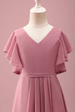 Desert Rose Chiffon Batwing Ærmer A Line Ruffled Junior Brudepigekjole