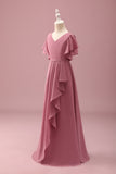 Desert Rose Chiffon Batwing Ærmer A Line Ruffled Junior Brudepigekjole