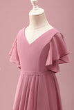 Desert Rose Chiffon Batwing Ærmer A Line Ruffled Junior Brudepigekjole
