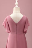 Desert Rose Chiffon Batwing Ærmer A Line Ruffled Junior Brudepigekjole
