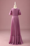 Vintage Mauve A Line Ruched Chiffon Junior brudepigekjole med korte ærmer