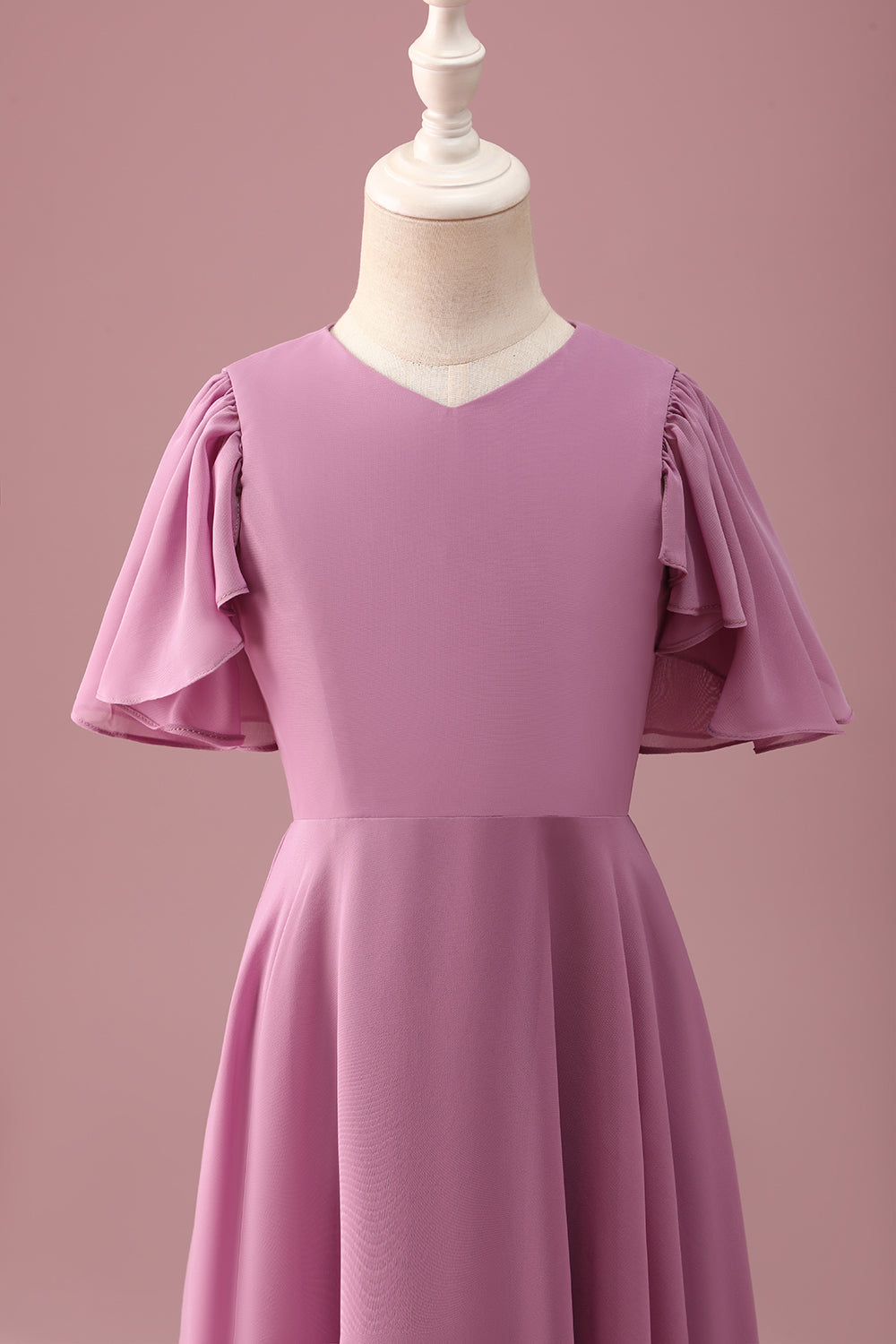 Vintage Mauve A Line Ruched Chiffon Junior brudepigekjole med korte ærmer