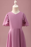 Vintage Mauve A Line Ruched Chiffon Junior brudepigekjole med korte ærmer