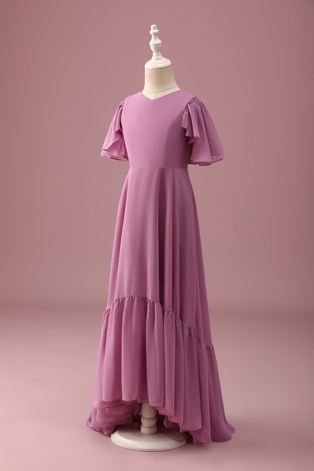 Vintage Mauve A Line Ruched Chiffon Junior brudepigekjole med korte ærmer