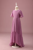 Vintage Mauve A Line Ruched Chiffon Junior brudepigekjole med korte ærmer