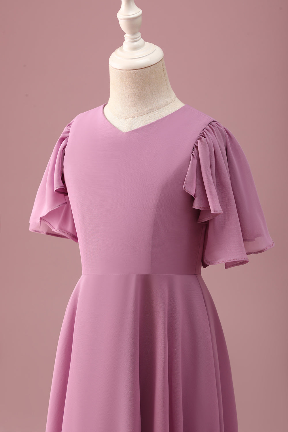 Vintage Mauve A Line Ruched Chiffon Junior brudepigekjole med korte ærmer