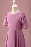 Vintage Mauve A Line Ruched Chiffon Junior brudepigekjole med korte ærmer