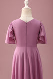 Vintage Mauve A Line Ruched Chiffon Junior brudepigekjole med korte ærmer