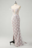 Glitrende hvid havfrue Off the Shoulder Beaded Blonde Korset Ruched Prom Kjole med slids