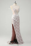 Glitrende hvid havfrue Off the Shoulder Beaded Blonde Korset Ruched Prom Kjole med slids