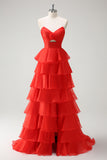 Orange Sweetheart Prinsesse Chiffon Tiered Lang Gallakjole med Slids