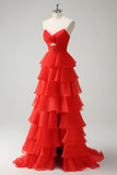 Orange Sweetheart Prinsesse Chiffon Tiered Lang Gallakjole med Slids