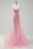 Glitrende Pink Havfrue Spaghetti Stropper Pailletter Lang Korset Gallakjole