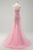 Glitrende Pink Havfrue Spaghetti Stropper Pailletter Lang Korset Gallakjole